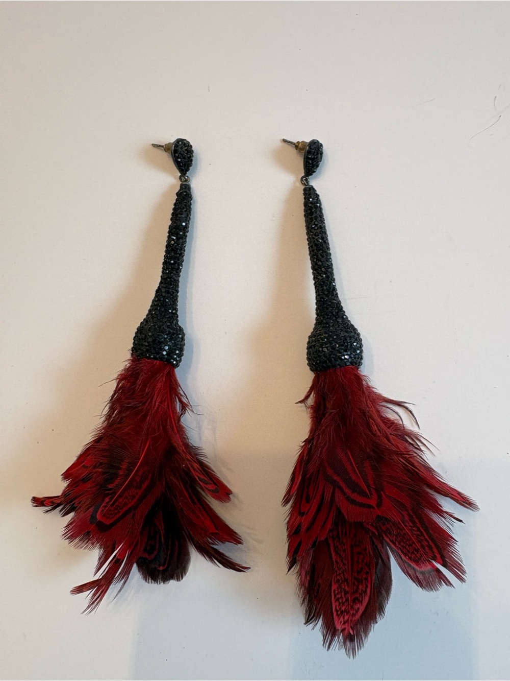 Black & Red Feather Drop Earrings - Women Accessories